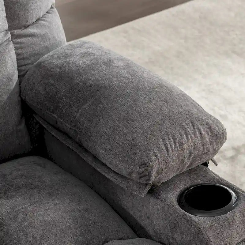 Reclinable extragrande gris con calor y masaje, reclinación de 150°, balanceo de 30°, carga USB y 2 portavasos