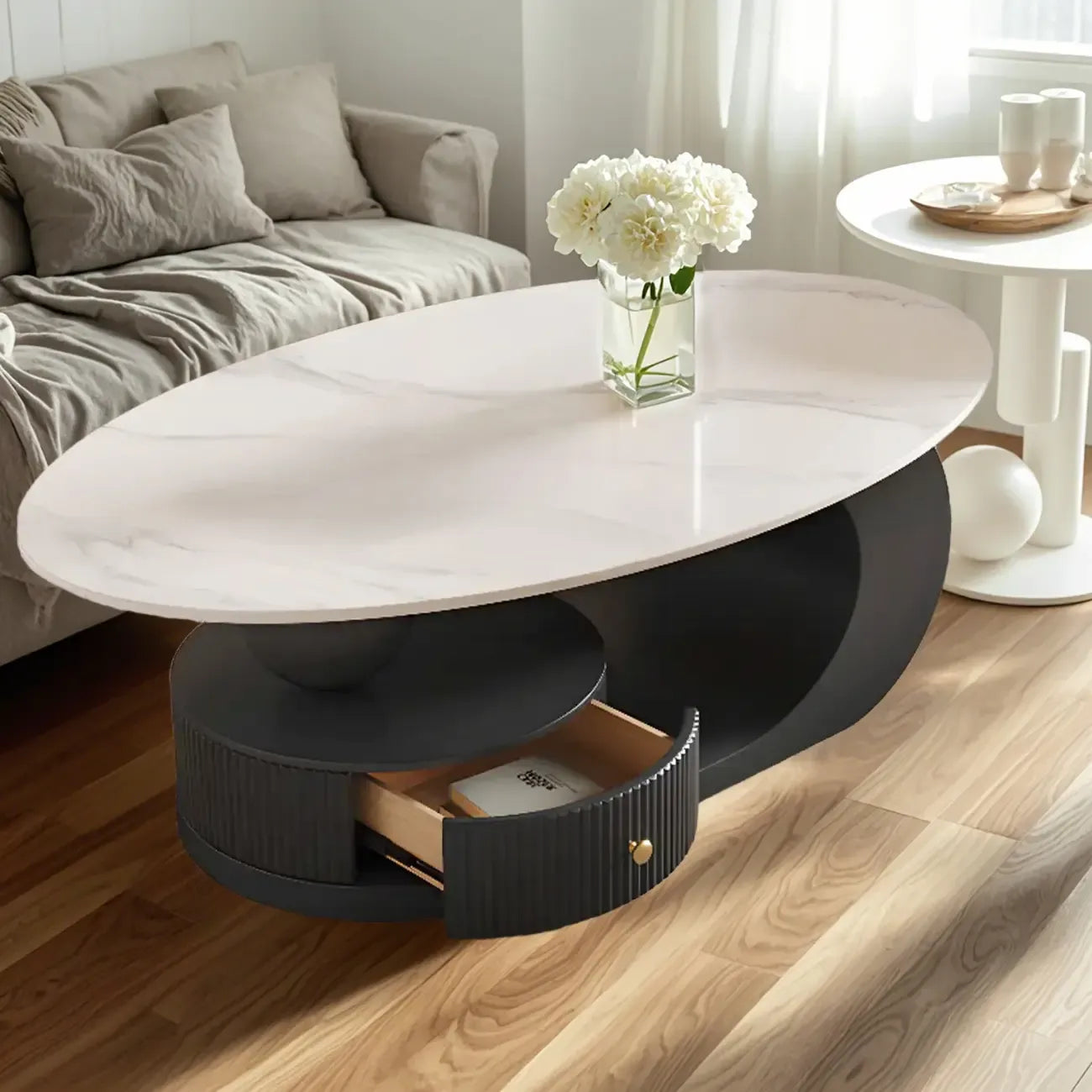 Mesa de centro moderna con cubierta de piedra blanca y resistente a los arañazos