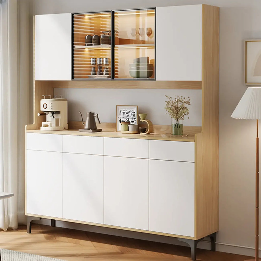 Aparador grande de madera con puertas de cristal y vitrina superior