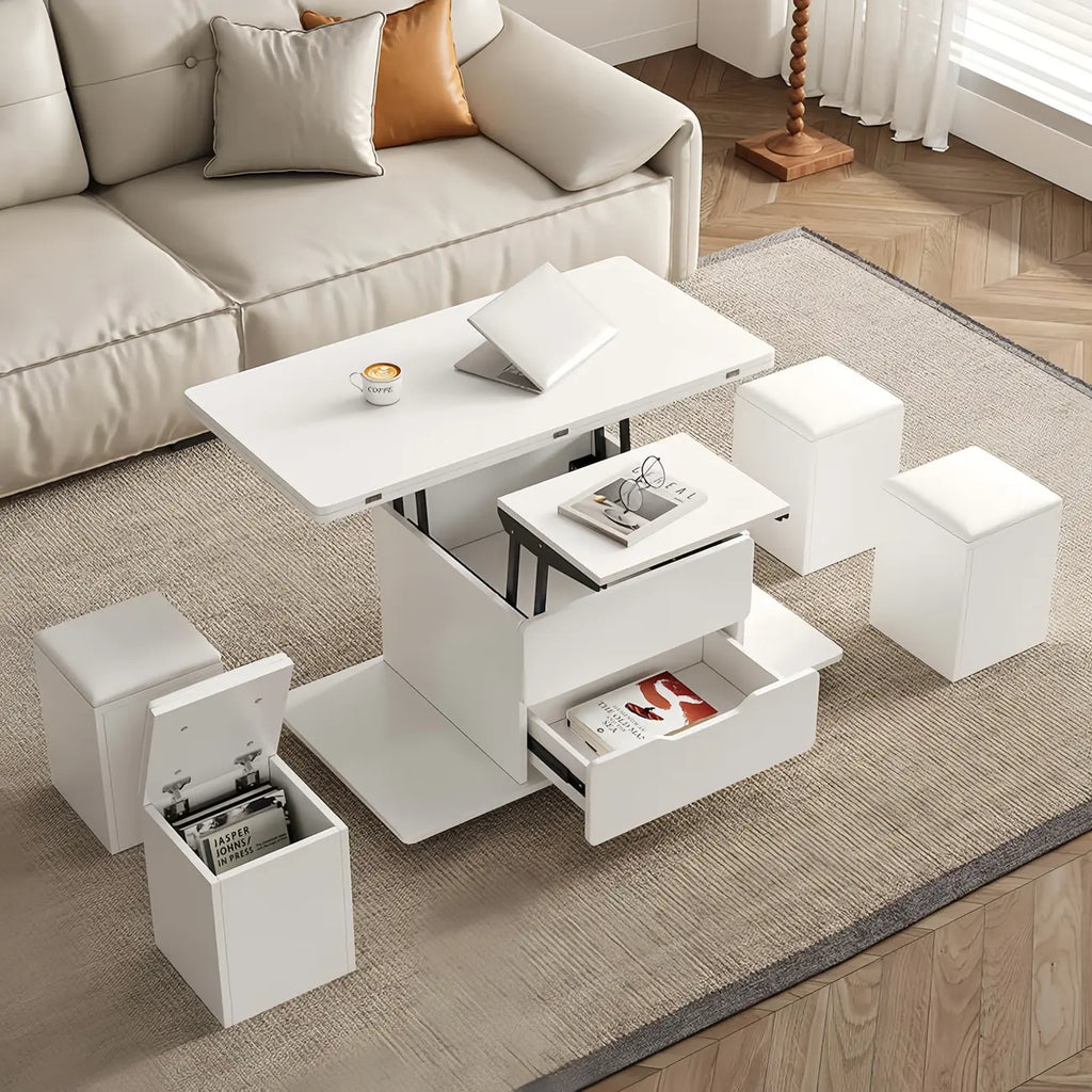 Mesa de centro elevable y plegable con 4 taburetes y almacenamiento