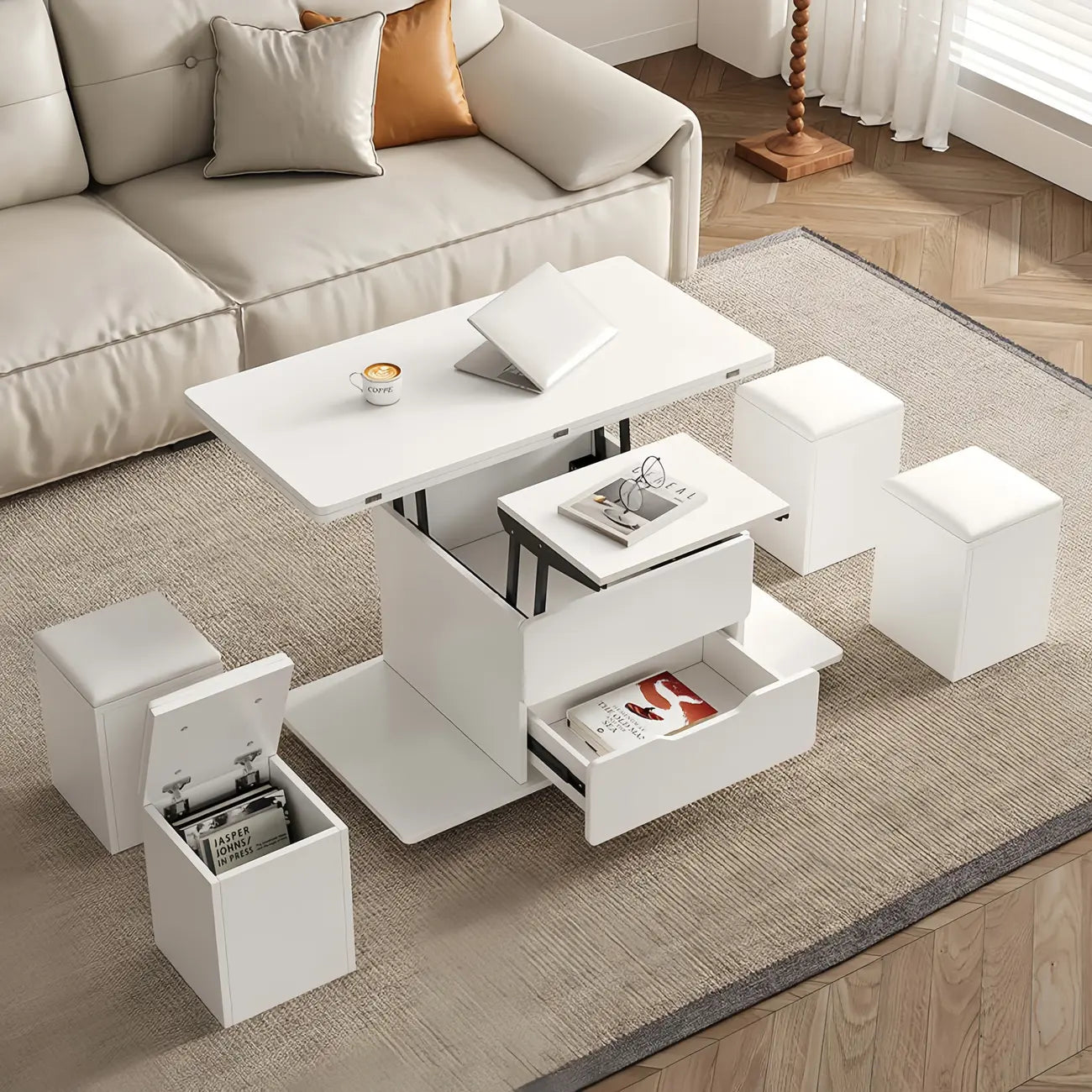 Mesa de centro elevable y plegable con 4 taburetes y almacenamiento