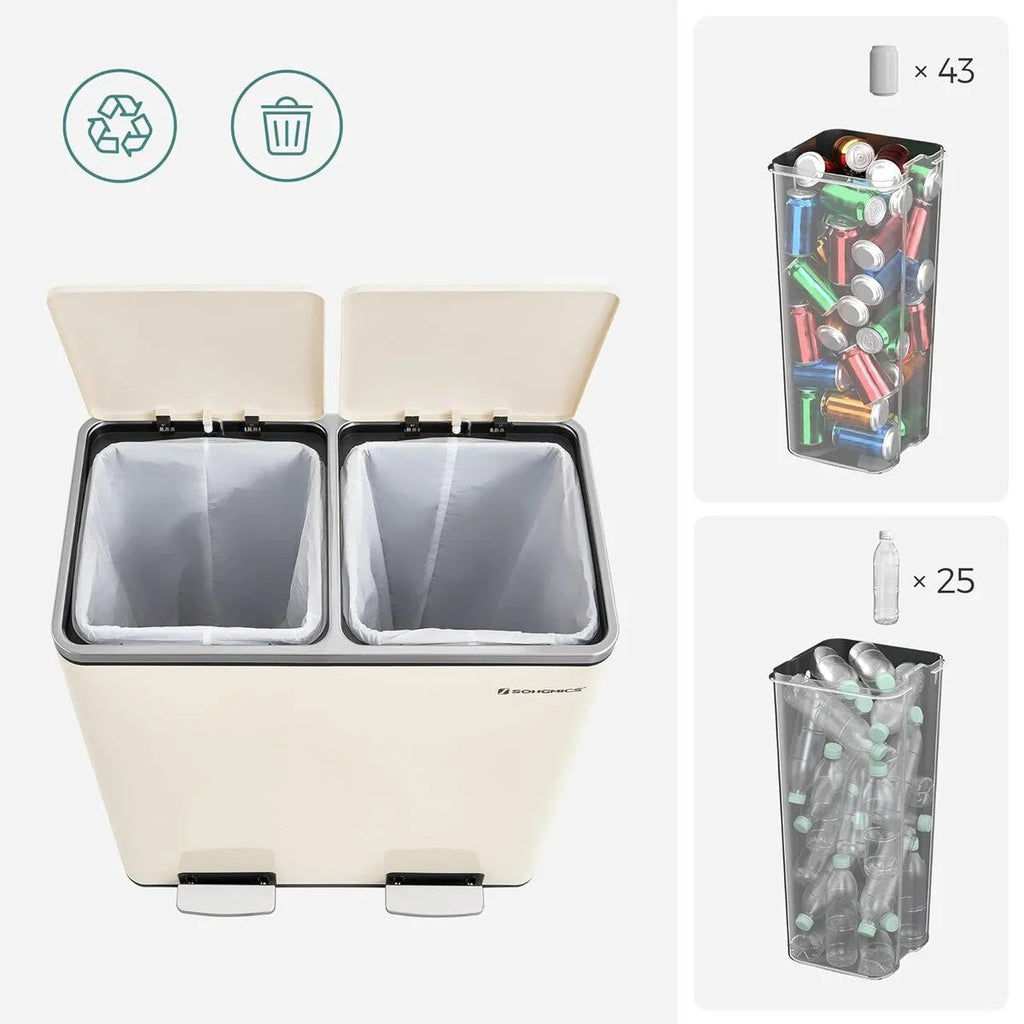 SONGMICS Cubo de Basura Doble, Bote de Basura de Acero Inoxidable de 60 Litros, Almendra