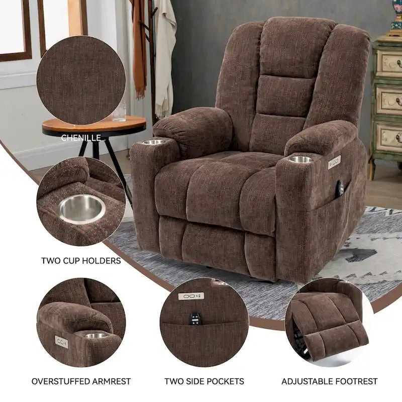 Sillón reclinable Power Lift con masaje y calor, reclinables anchos Lazy Boy extragrandes con USB, puertos tipo C y 2 portavasos de acero