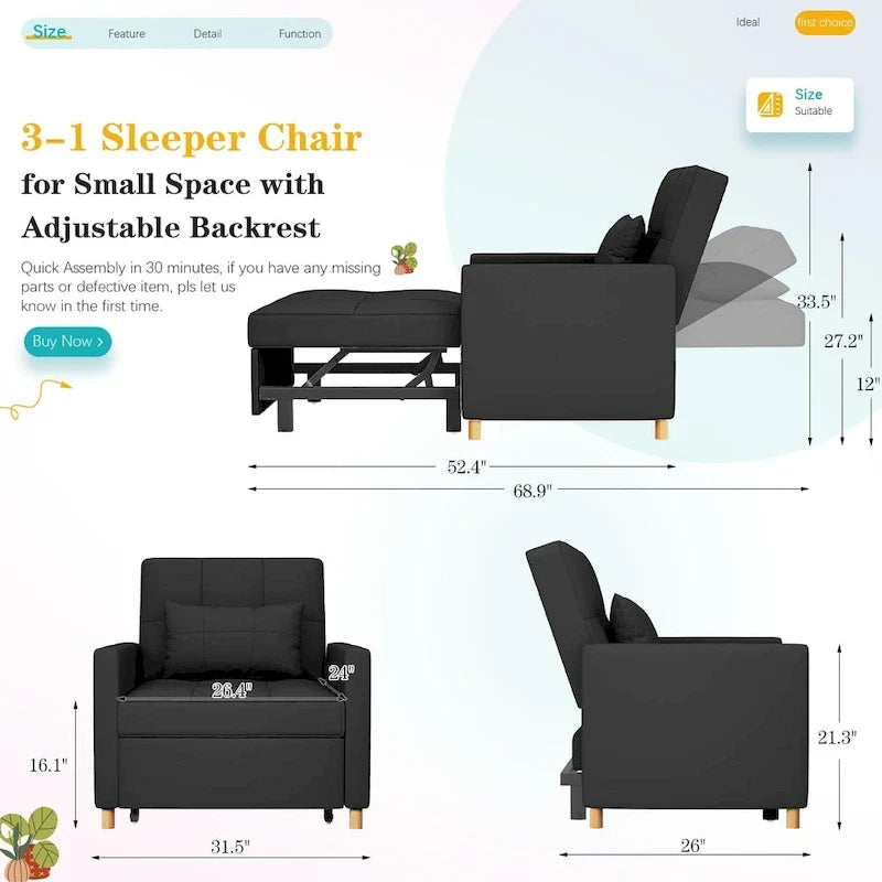 Sofá cama individual 3 en 1 AECOJOY con almohada y respaldo convertible