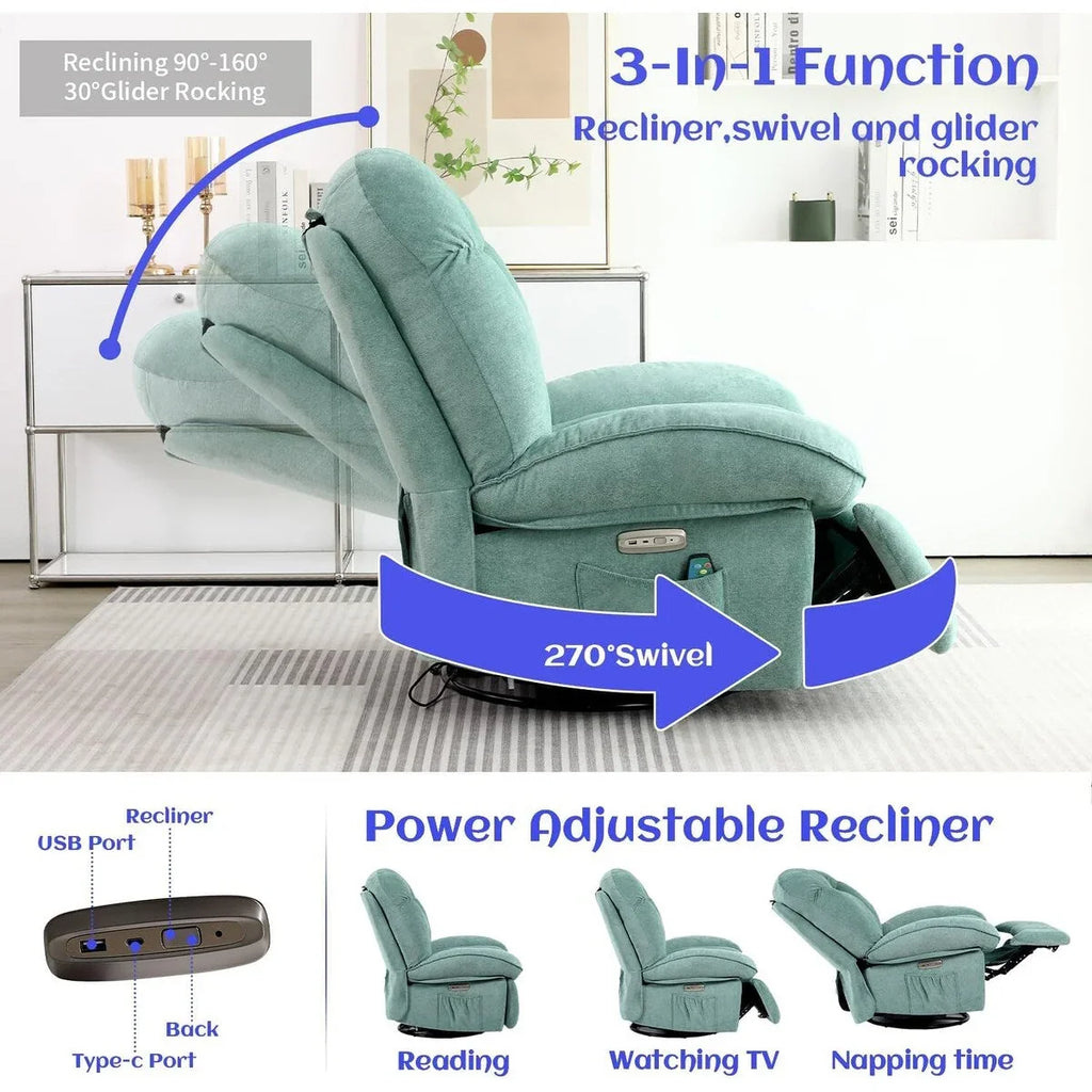 XINMICS Sillón Reclinable Eléctrico Giratorio, Sillones Reclinables Mecedora con Masaje y Calefacción, USB, USB-C y Bolsillo Lateral