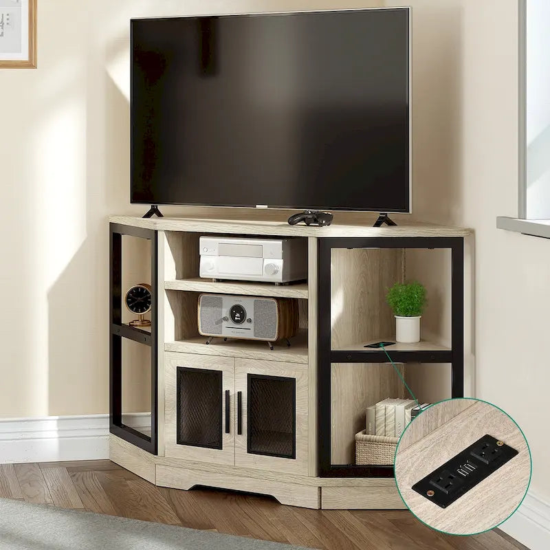 Mueble esquinero para TV estilo rústico, centro de entretenimiento y consola multimedia para televisores de hasta 55 pulgadas con toma de corriente