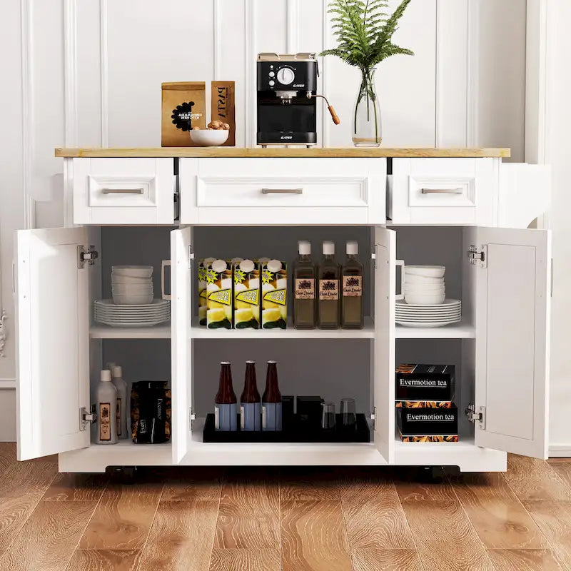 Isla de cocina grande con hoja abatible de madera, carrito de cocina con textura en relieve, puertas y cajones con almacenamiento para cocina, blanco