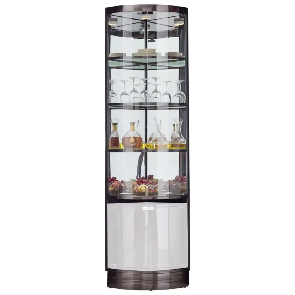Vitrina esquinera para vinos con estantes de cristal y metal de varios niveles