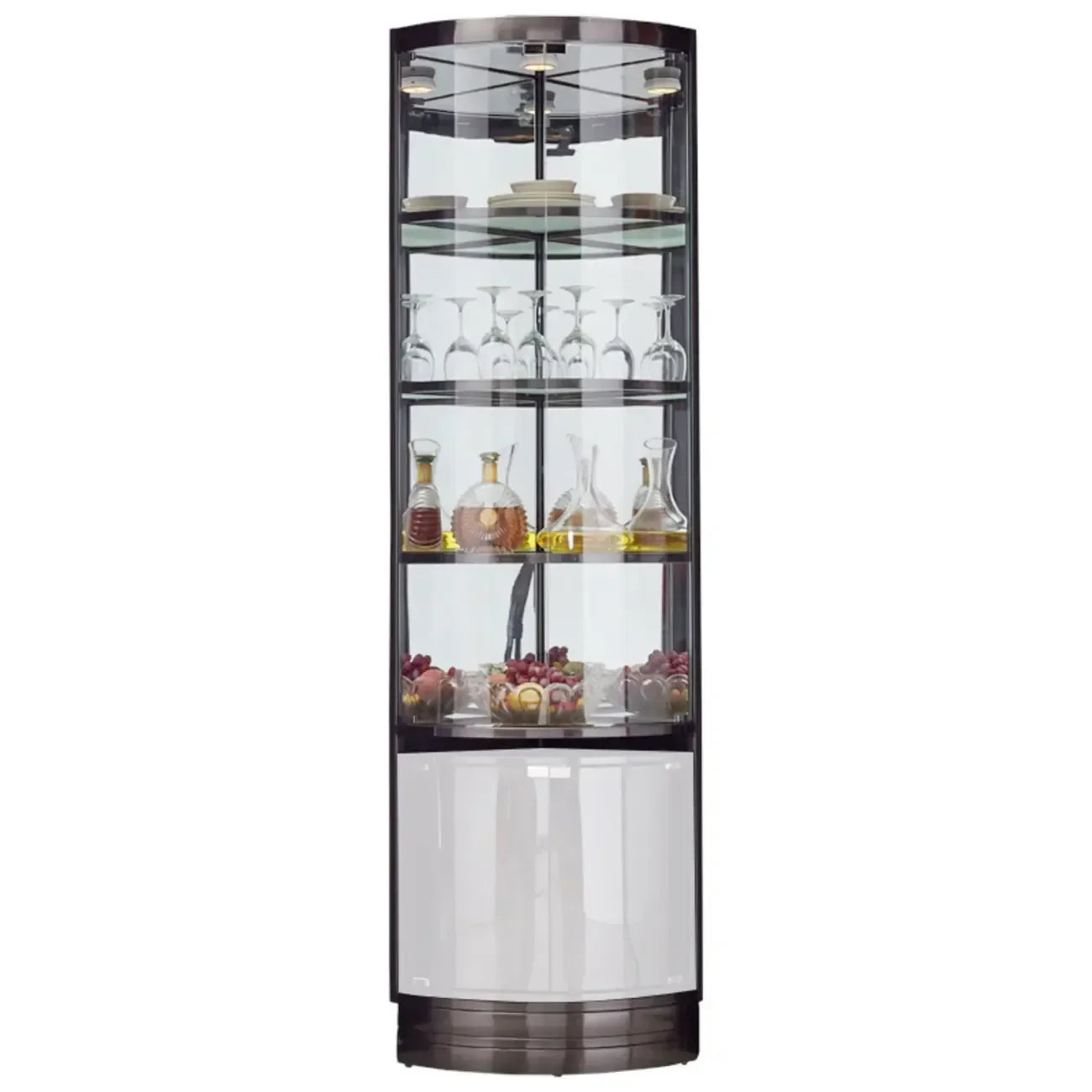 Vitrina esquinera para vinos con estantes de cristal y metal de varios niveles