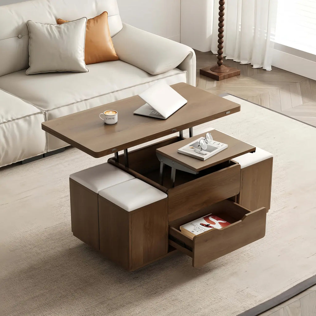 Mesa de centro elevable y plegable con 4 taburetes y almacenamiento