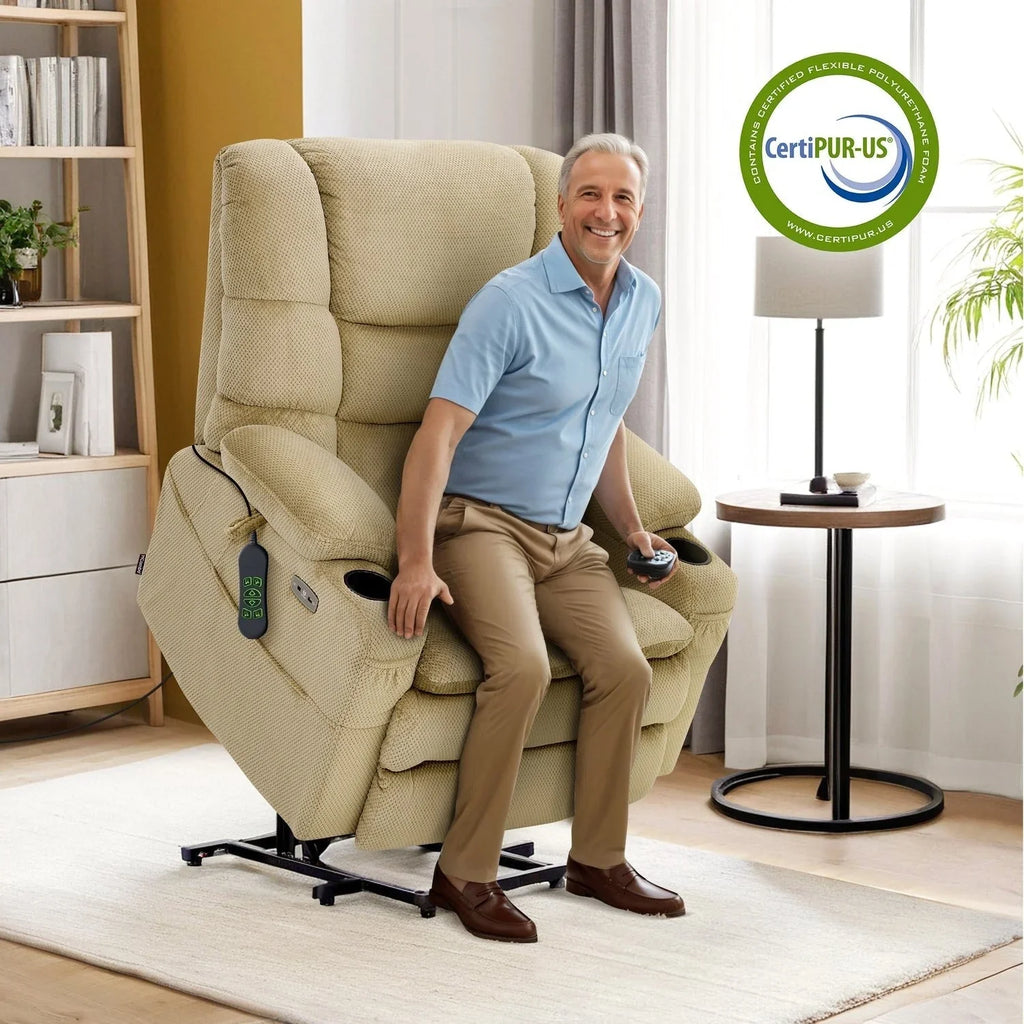 MCombo Sillón reclinable elevador eléctrico con motor dual ancho grande, masaje y doble calefacción para personas mayores altas y corpulentas, tela R7635