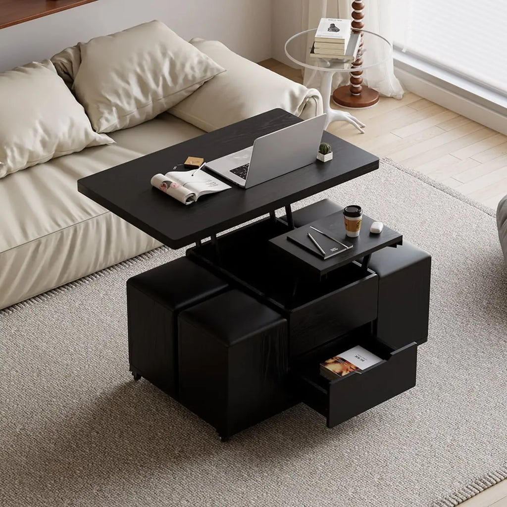 Mesa de centro elevable y plegable con 4 taburetes y almacenamiento