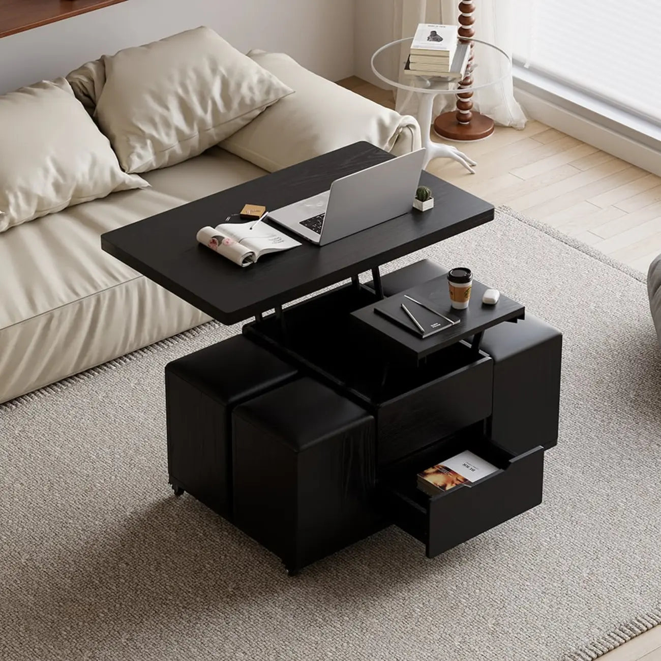 Mesa de centro elevable y plegable con 4 taburetes y almacenamiento