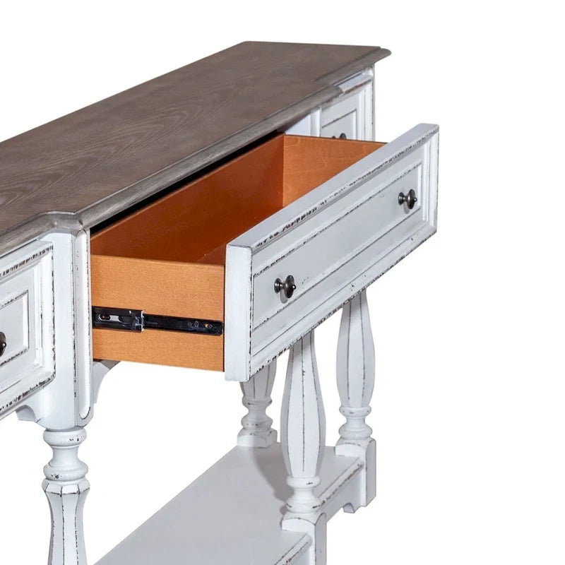 Mesa Consola para Recibidor de 72 Pulgadas en Blanco Antiguo y Madera Desgastada