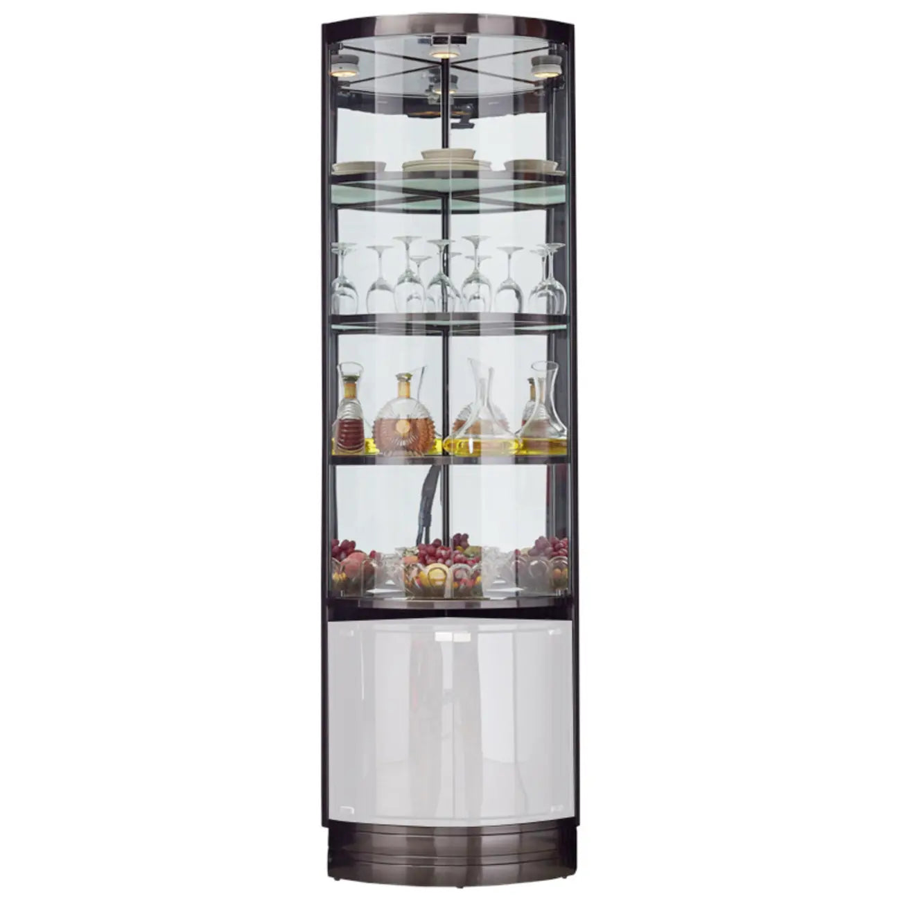 Vitrina esquinera para vinos con estantes de cristal y metal de varios niveles