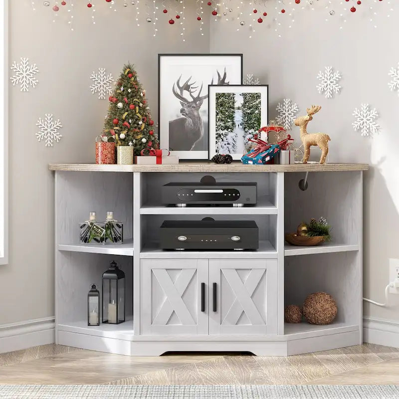 Mueble esquinero para TV estilo rústico, centro de entretenimiento y consola multimedia para televisores de hasta 55 pulgadas con toma de corriente