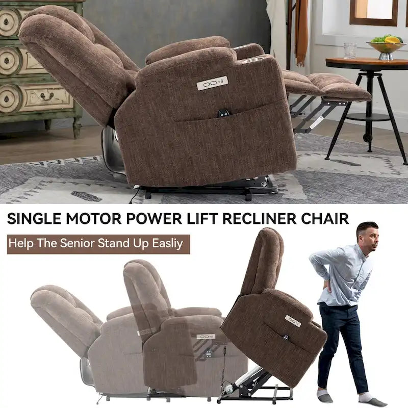 Sillón reclinable Power Lift con masaje y calor, reclinables anchos Lazy Boy extragrandes con USB, puertos tipo C y 2 portavasos de acero