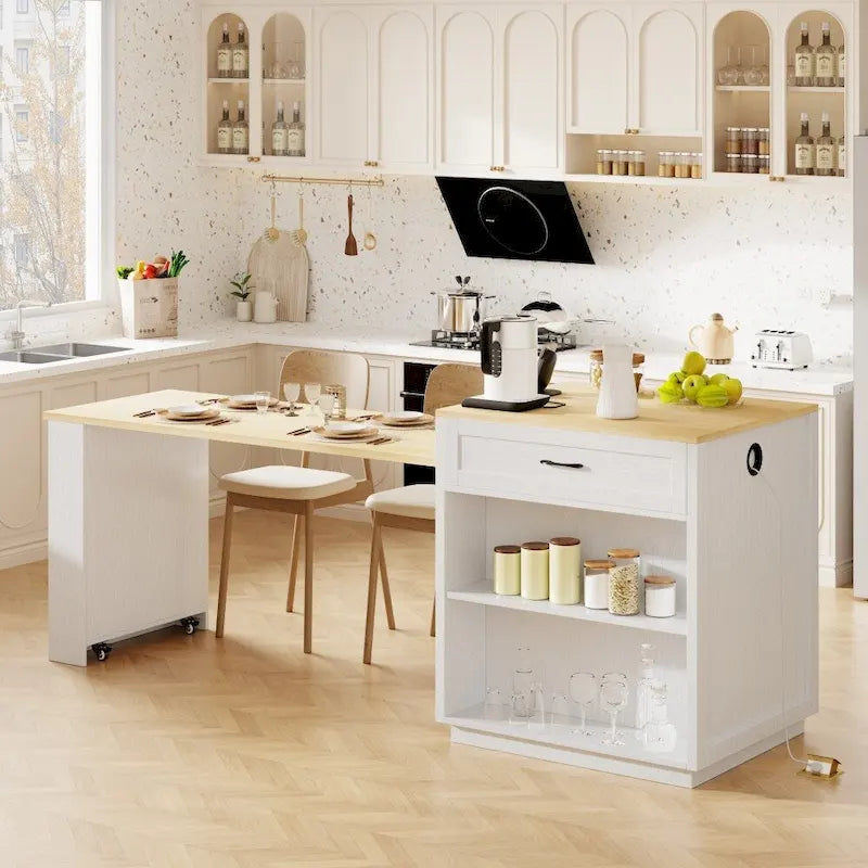 82.7 Isla de cocina de madera para 4-6 personas con mesa de comedor extensible y almacenamiento doble