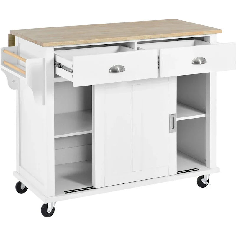 Carro de cocina con encimera de madera de caucho abatible, puerta corredera oculta de granero de altura ajustable, isla de cocina con 4 ruedas