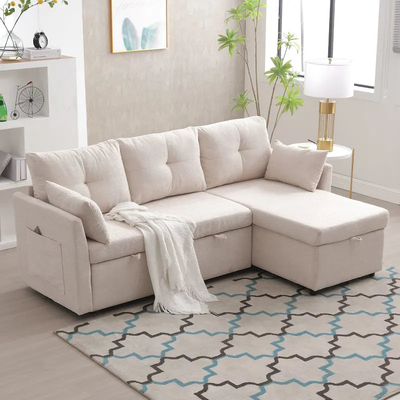 Sofá seccional de chenilla/pana tapizado en forma de L con almacenamiento y chaise reversible con bolsillo lateral