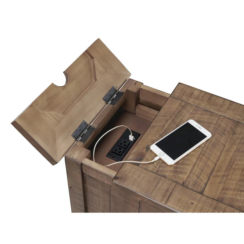 Mesa auxiliar Monterey de madera maciza con tomas de corriente ocultas