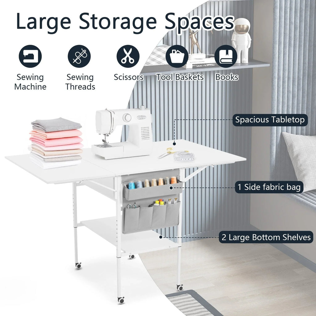 Mesa de manualidades ajustable en altura con estantes de almacenamiento, mesa de corte plegable móvil para oficina en casa, sala de costura, sala de manualidades