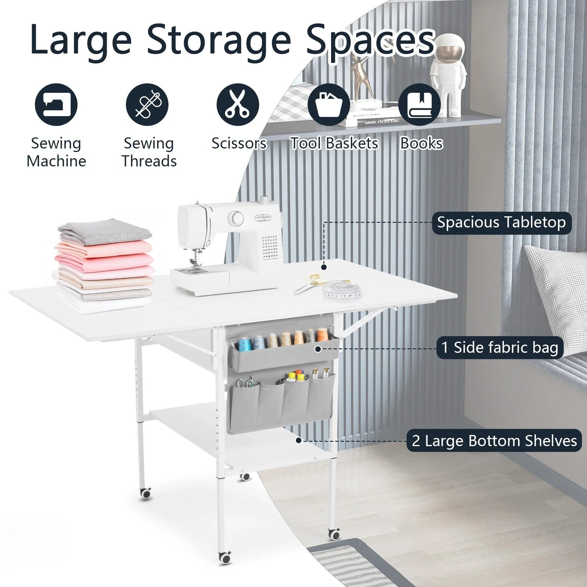 Mesa de manualidades ajustable en altura con estantes de almacenamiento, mesa de corte plegable móvil para oficina en casa, sala de costura, sala de manualidades