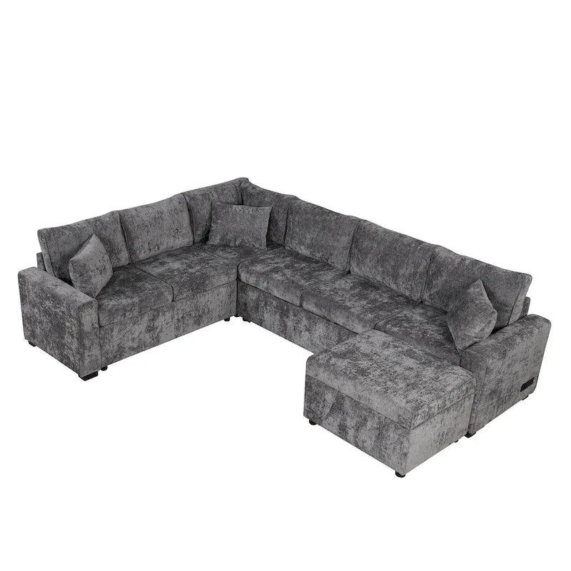 Sofá seccional de chenilla con sofá cama extraíble, sofá cama en forma de L con otomana de almacenamiento, 3 almohadas y dispositivos de carga