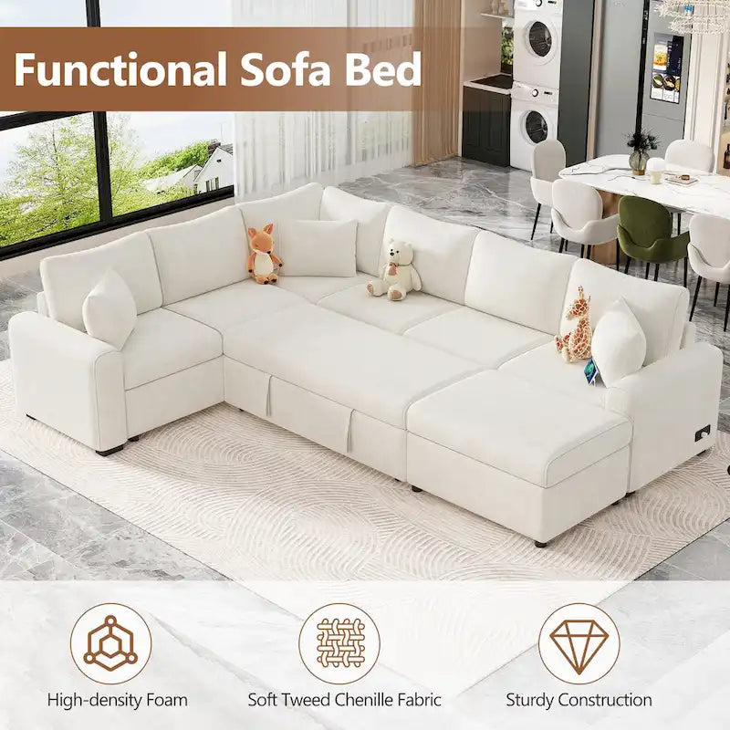 Sofá seccional de chenilla con sofá cama extraíble, sofá cama en forma de L con otomana de almacenamiento, 3 almohadas y dispositivos de carga