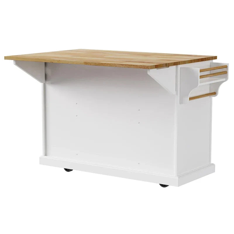 Isla de cocina grande con hoja abatible de madera, carrito de cocina con textura en relieve, puertas y cajones con almacenamiento para cocina, blanco