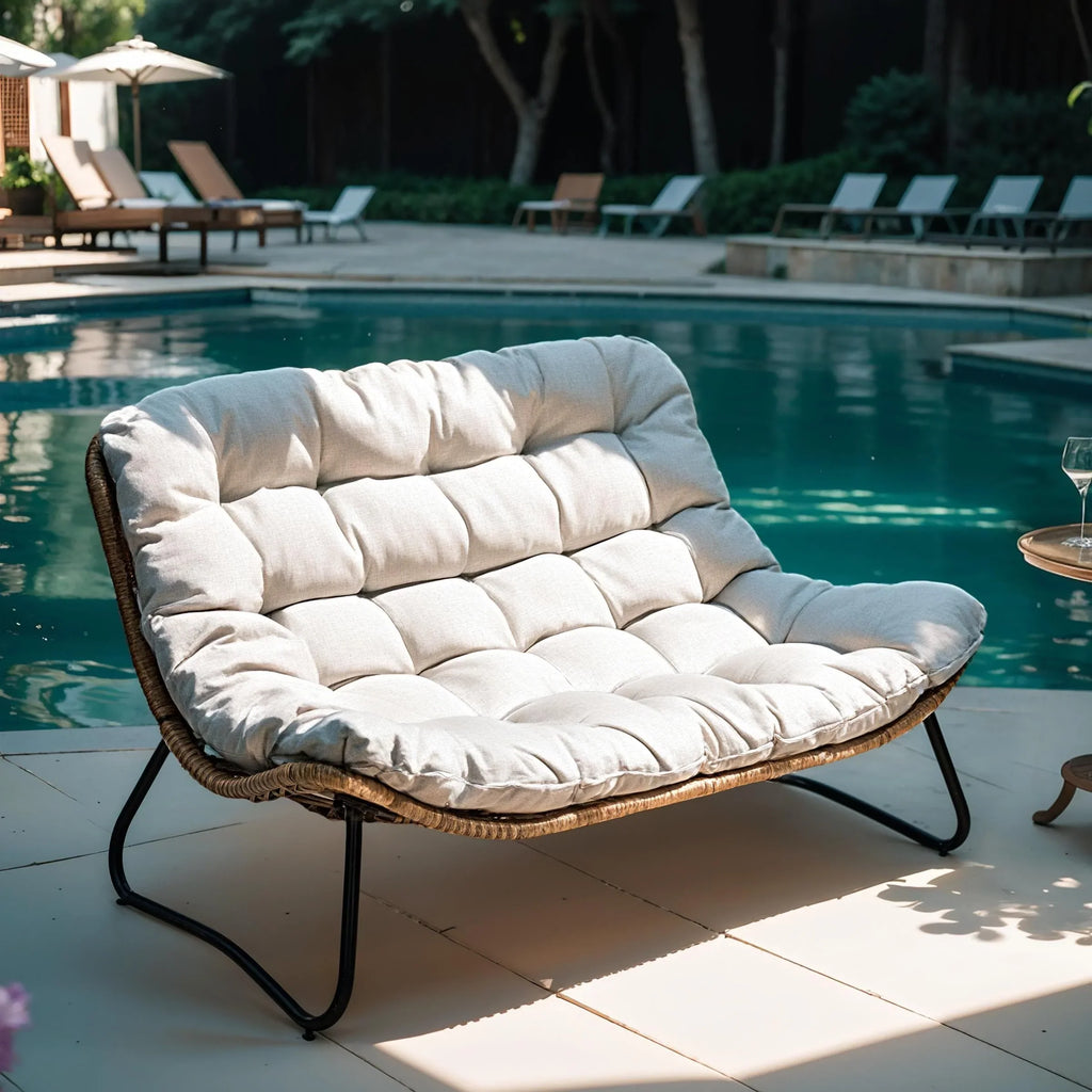 Sofá biplaza doble Papasan con cojín, ratán PE para todo tipo de clima y estructura metálica para interior/exterior