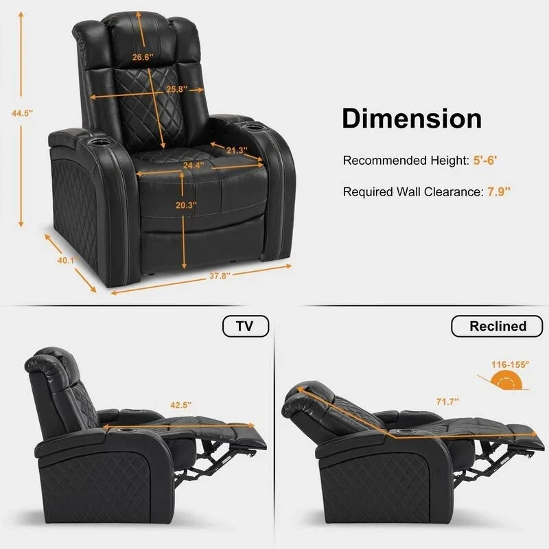 MCombo Sillón reclinable eléctrico con reposacabezas ajustable, asiento de cine en casa de dos motores con puerto USB, cuero transpirable HTS411