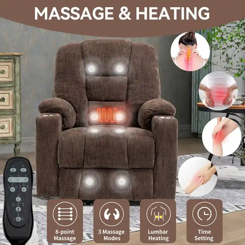 Sillón reclinable Power Lift con masaje y calor, reclinables anchos Lazy Boy extragrandes con USB, puertos tipo C y 2 portavasos de acero