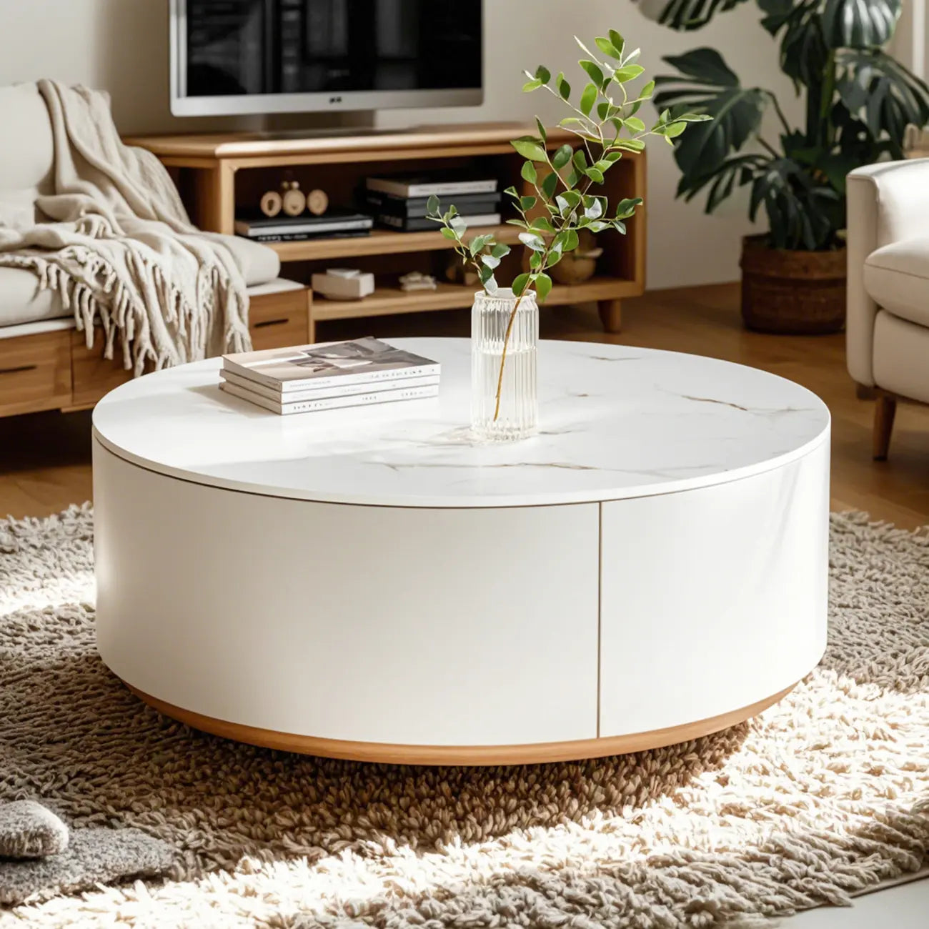 Mesa de centro redonda moderna blanca de madera con cajones tipo tambor