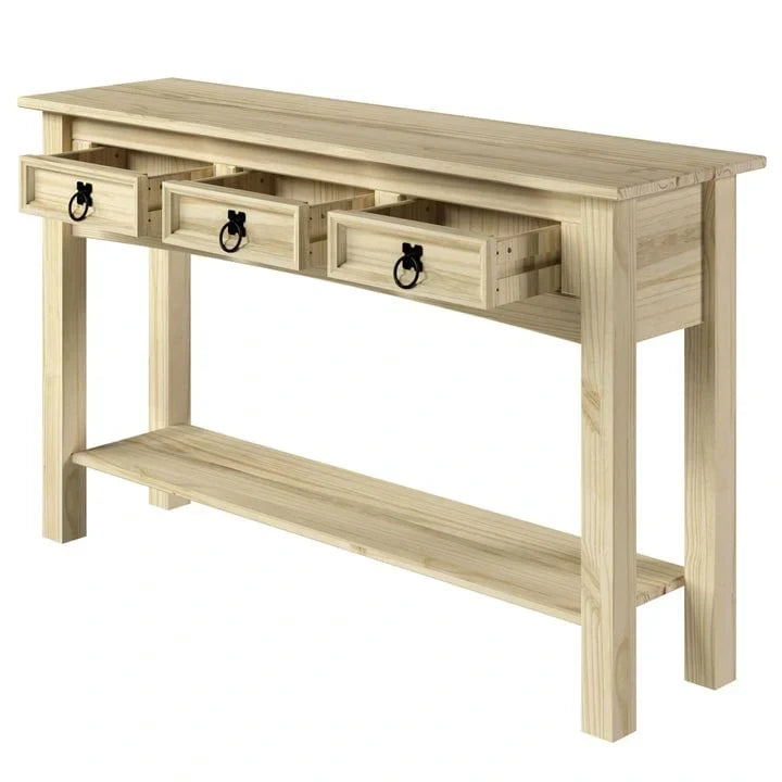 Mesa Consola de Pasillo Rústica de Pino Macizo, Blanqueado / Marrón Antiguo / Lavado Gris / Sin Pintar, 3 Cajones