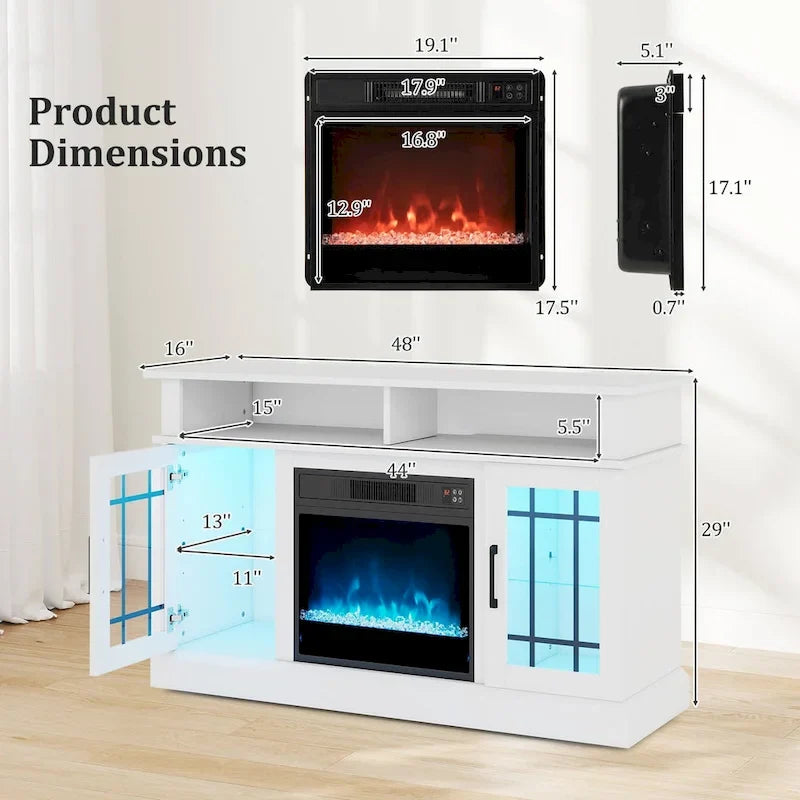 Mueble para TV con chimenea eléctrica, luces LED y mandos a distancia