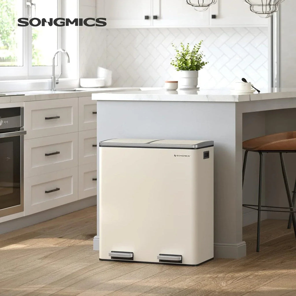 SONGMICS Cubo de Basura Doble, Bote de Basura de Acero Inoxidable de 60 Litros, Almendra