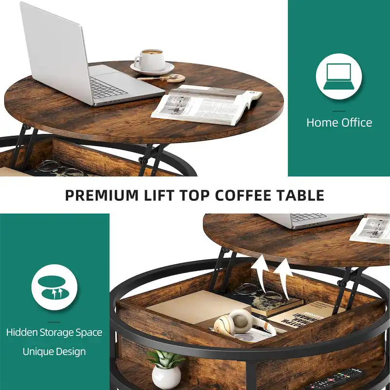 Mesa de centro redonda elevable extensible con almacenamiento oculto