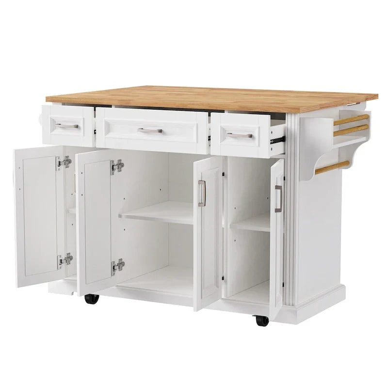 Isla de cocina grande con hoja abatible de madera, carrito de cocina con textura en relieve, puertas y cajones con almacenamiento para cocina, blanco