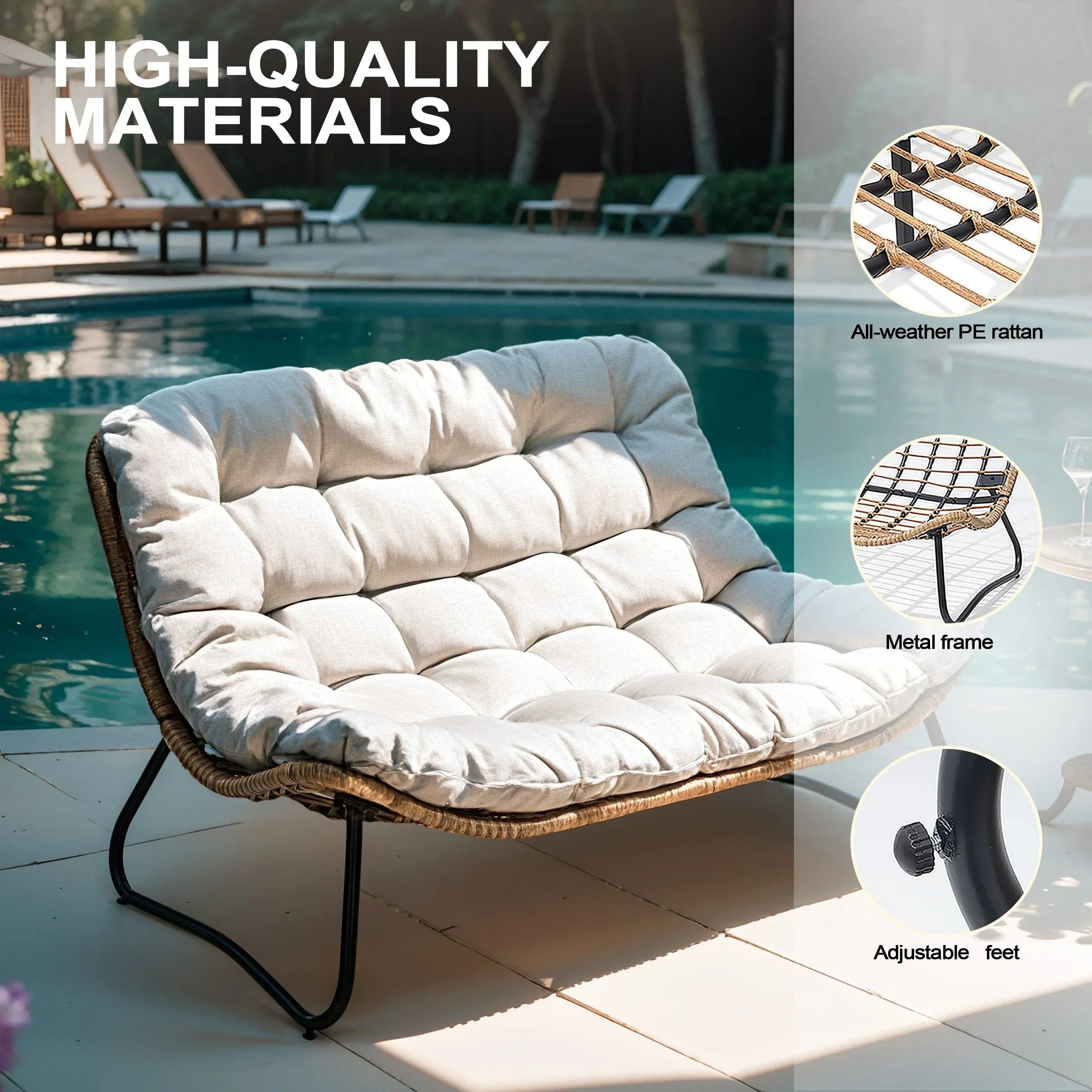 Sofá biplaza doble Papasan con cojín, ratán PE para todo tipo de clima y estructura metálica para interior/exterior