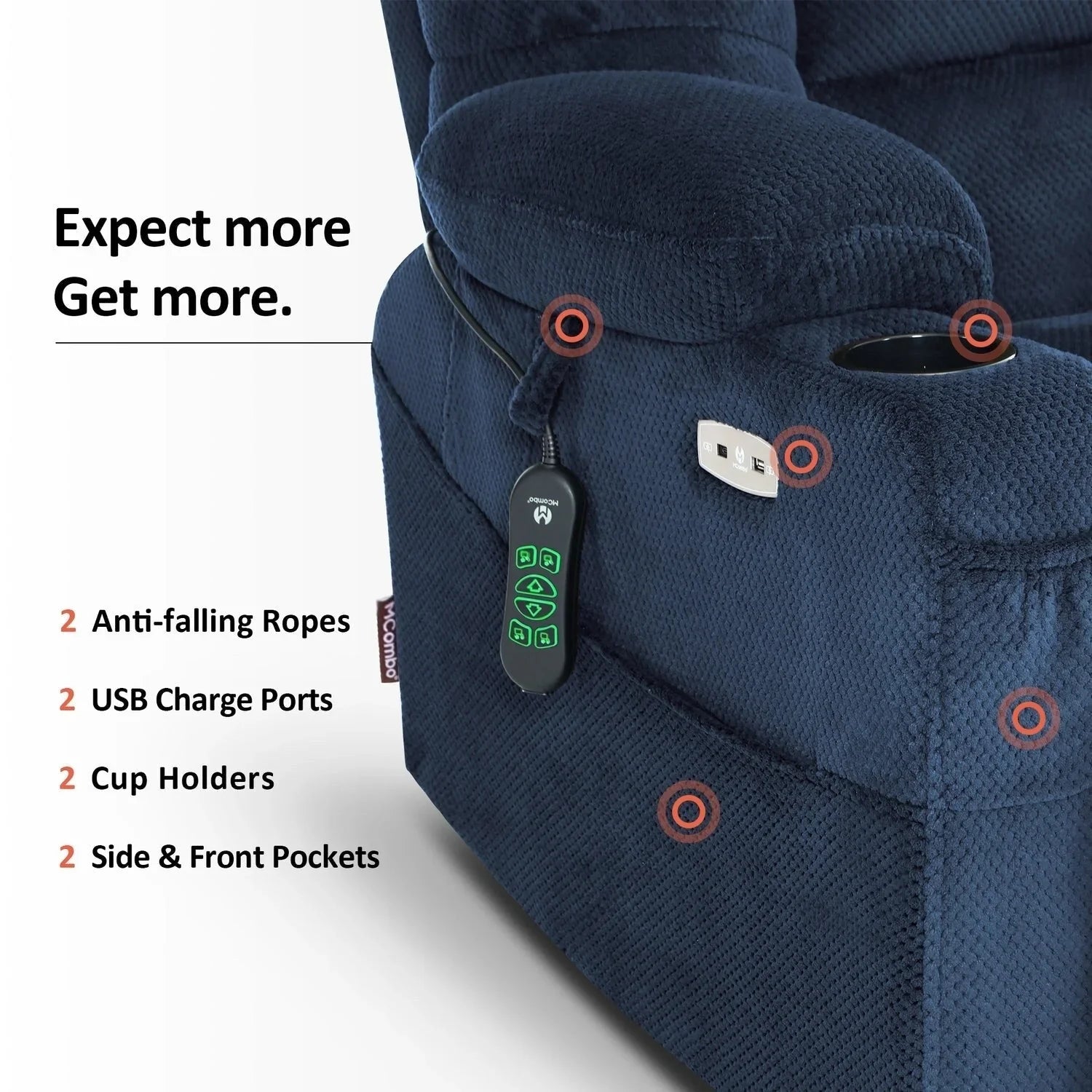 MCombo Sillón reclinable elevador eléctrico con motor dual ancho grande, masaje y doble calefacción para personas mayores altas y corpulentas, tela R7635
