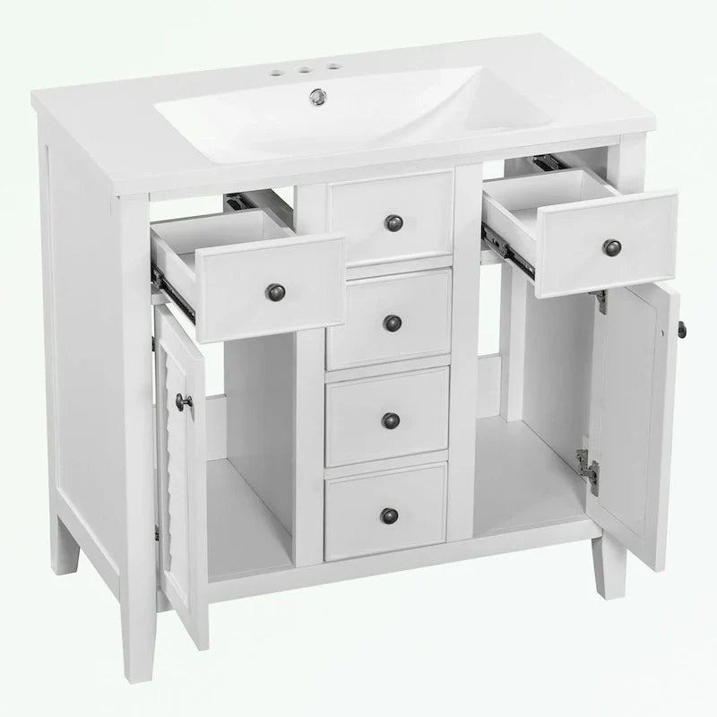 Mueble de baño con lavabo cerámico, dos armarios y cinco cajones
