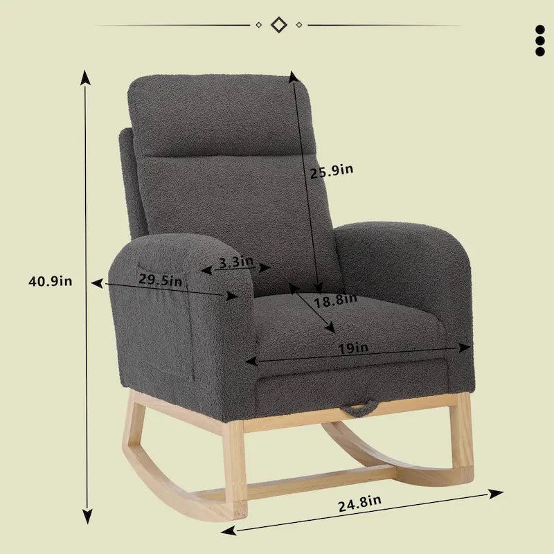 Moderna mecedora tapizada de respaldo alto de 29.5" con patas de madera maciza y reposapiés ajustable