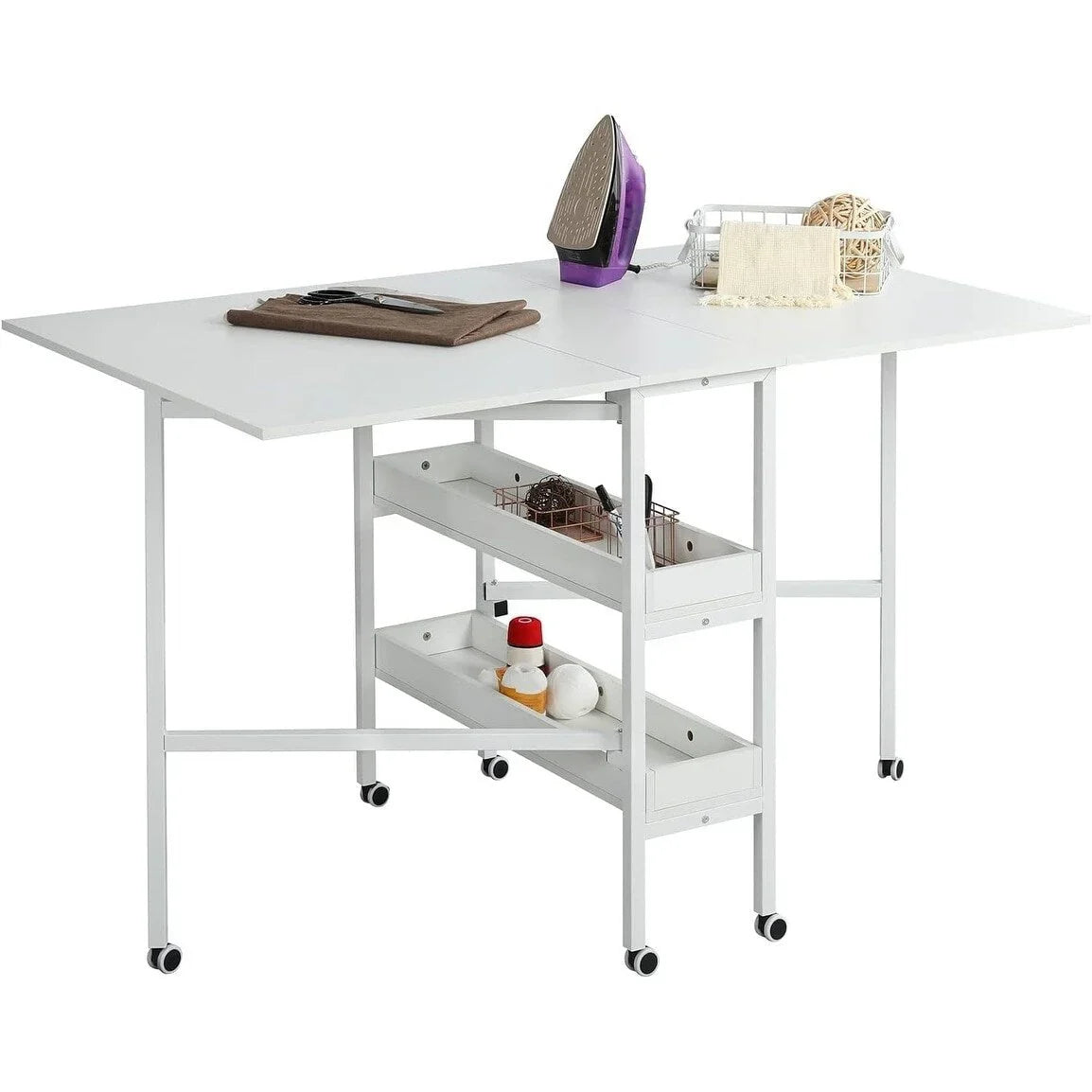 Mesa de manualidades ajustable en altura con estantes de almacenamiento, mesa de corte plegable móvil para oficina en casa, sala de costura, sala de manualidades