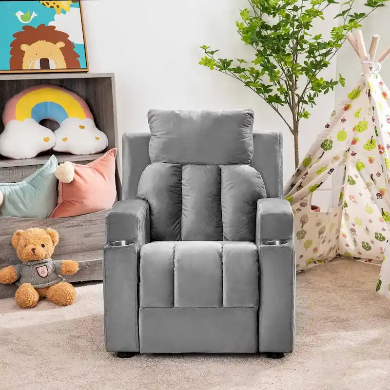 Sillón Reclinable Deluxe para Niños con Reposapiés, Reposacabezas y 2 Portavasos, Reclinable Infantil de Microfibra para Mayores de 3 Años
