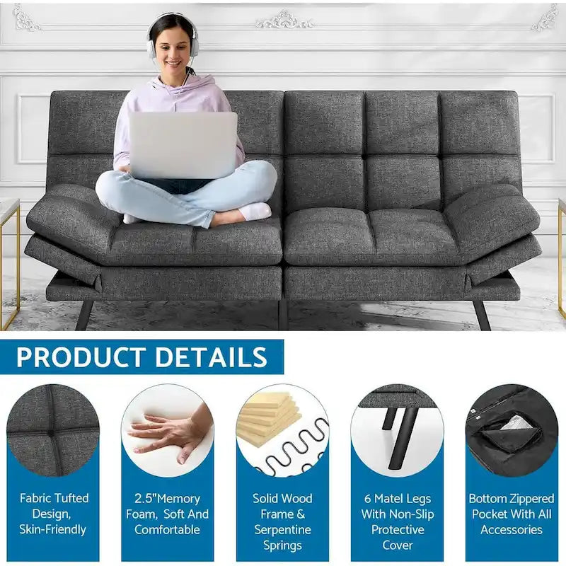 Sofá Cama Futón de Espuma Viscoelástica Convertible con Respaldo Dividido Ajustable para Espacios Pequeños