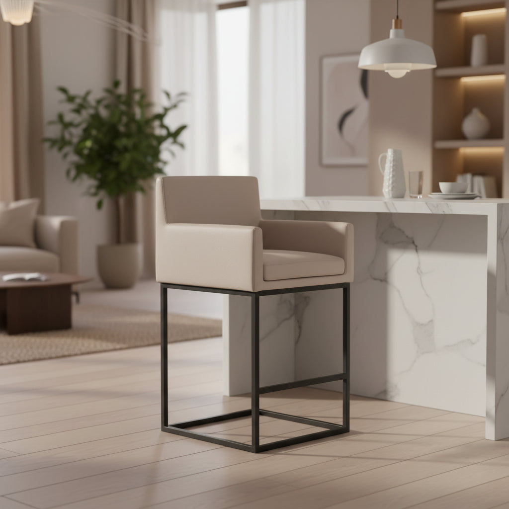 Sgabello da bar moderno con braccioli, altezza bancone - Seduta in vera pelle, gambe in metallo, completamente assemblato