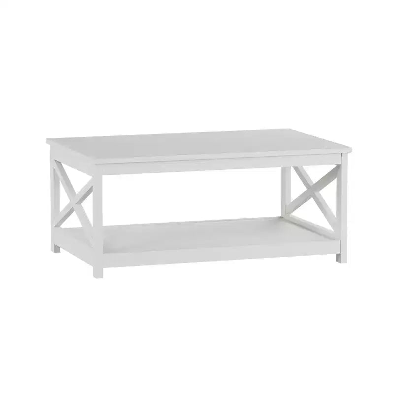 Tavolino a due livelli a basso profilo con base a X - MDF bianco, portata 15 kg per ripiano
