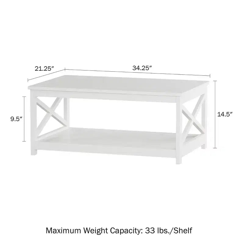 Tavolino a due livelli a basso profilo con base a X - MDF bianco, portata 15 kg per ripiano