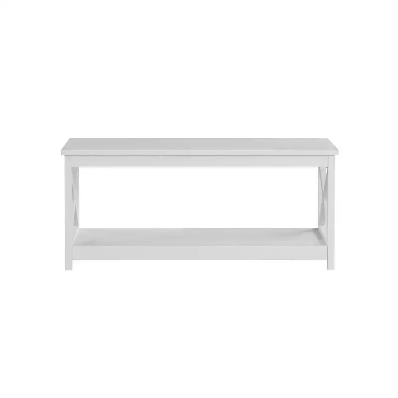 Tavolino a due livelli a basso profilo con base a X - MDF bianco, portata 15 kg per ripiano
